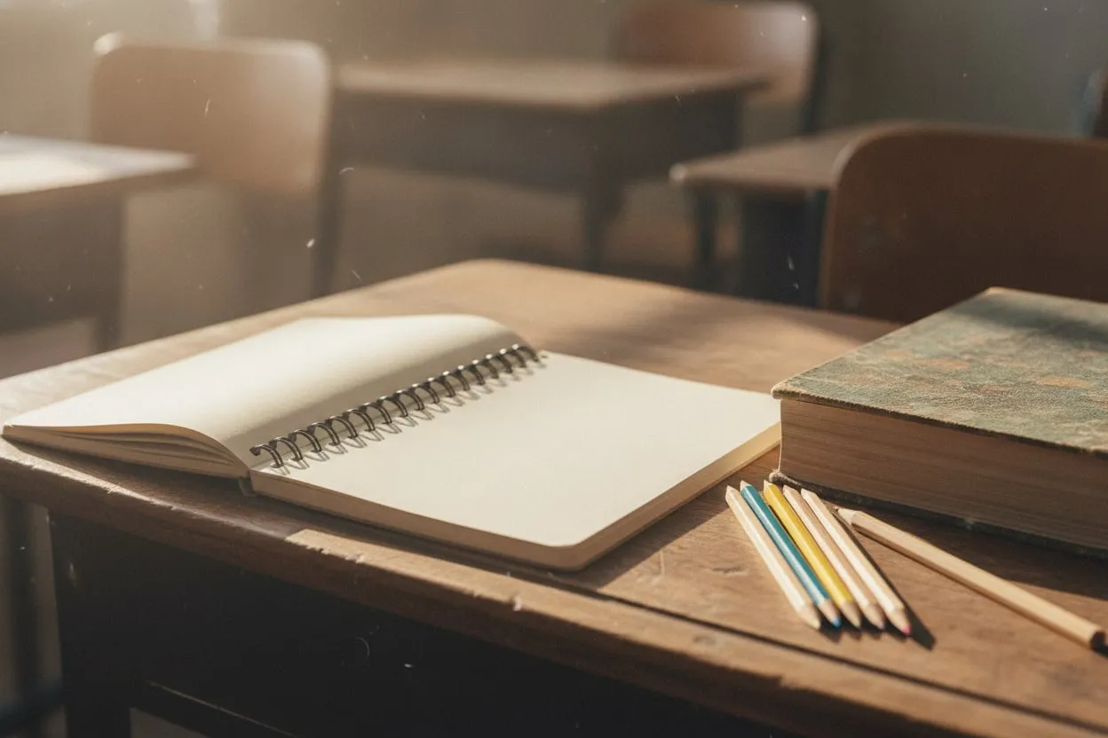 開いたノートと鉛筆、教科書が置かれた学習机